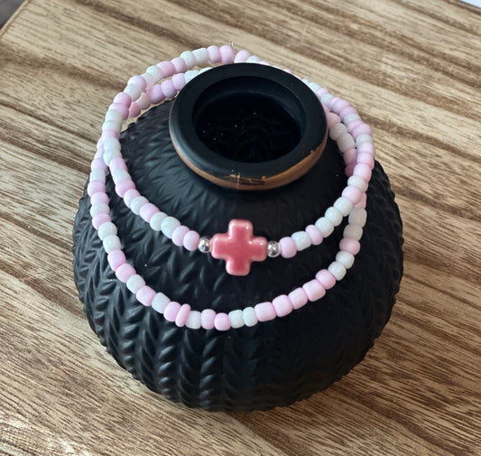 Pale Pink and White Seed Bead Stack With Cross Charm