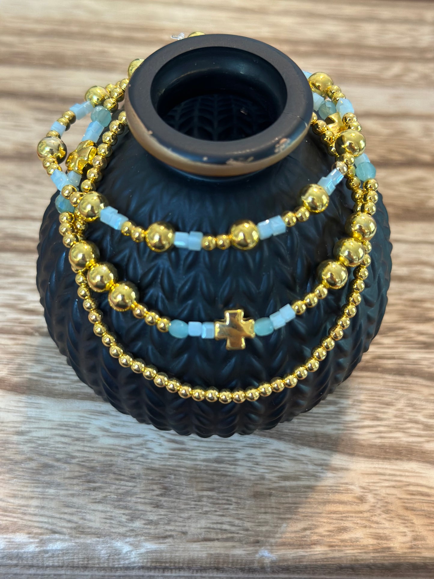 E Newton Inspired Blue Bead and Gold Stack