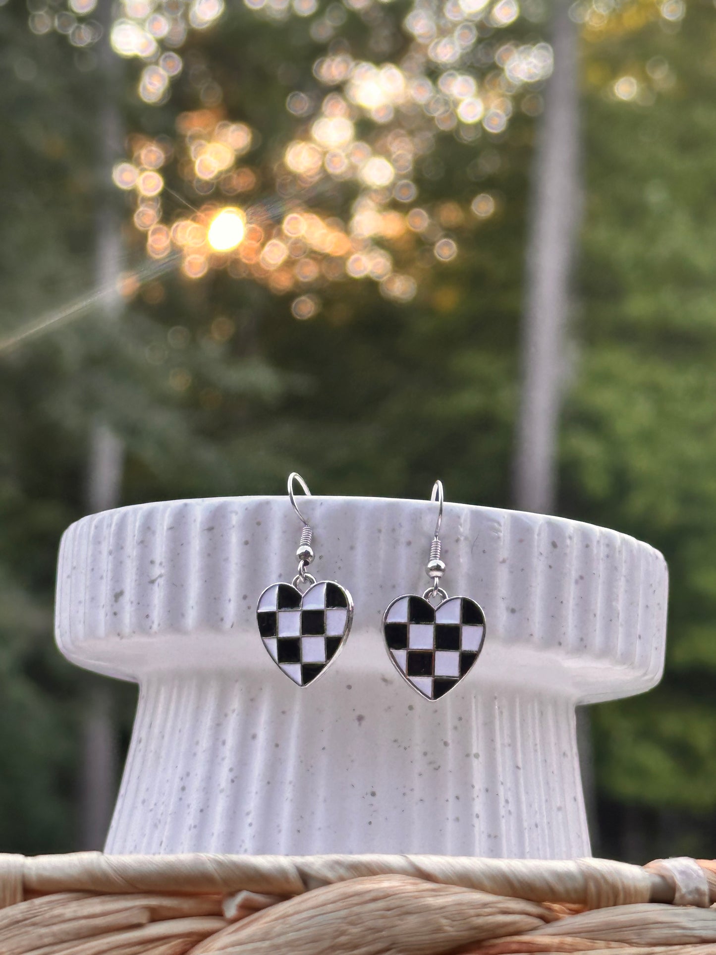 Checkered Black-White Heart Earrings