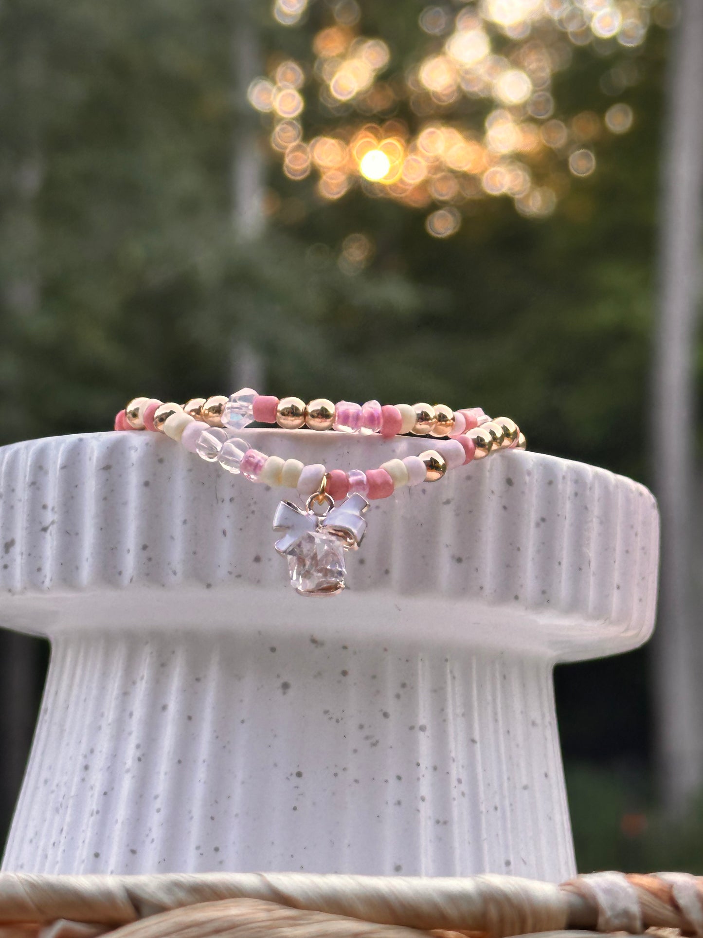 Pink Seed Bead- White Bow Gem Charm