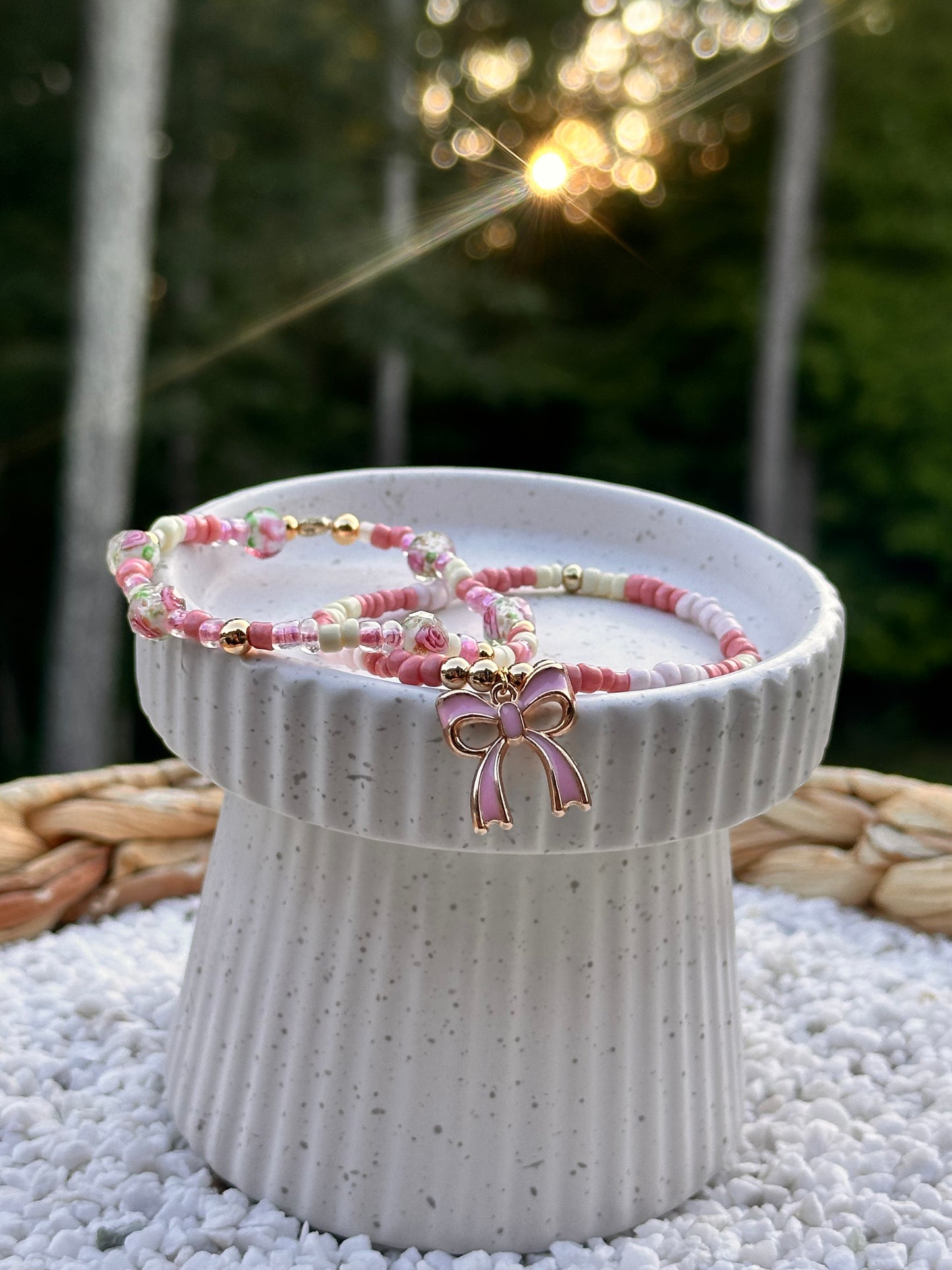 Floral Beaded Bracelet With Bow Charm