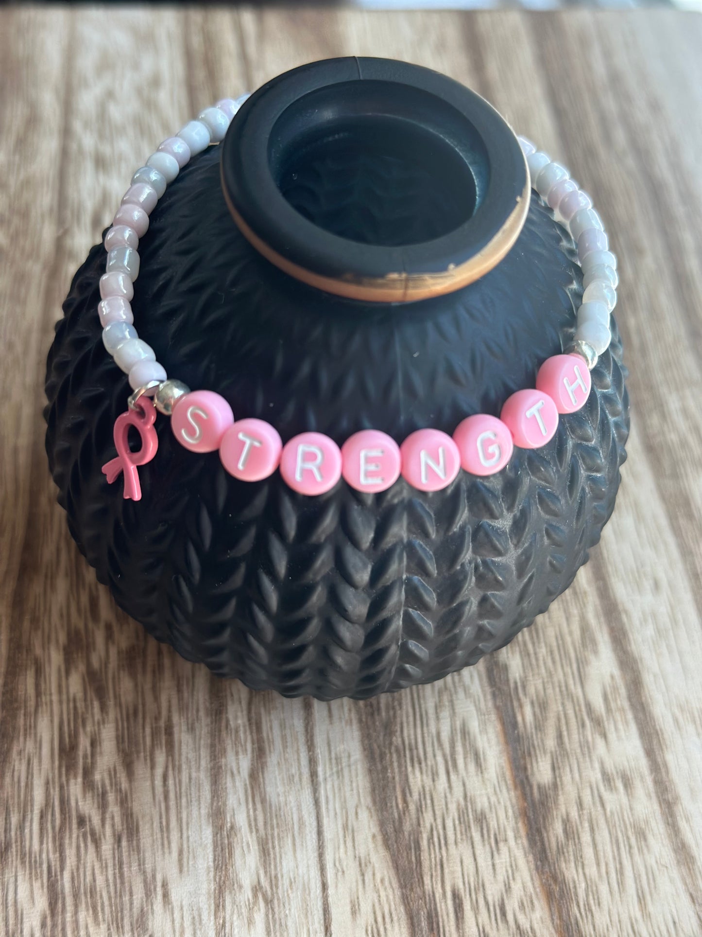 STRENGTH Bracelet-Breast Cancer Ribbon Charm