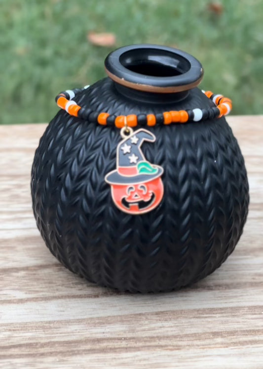 Halloween Pumpkin Witch Hat Charm Seed Bracelet